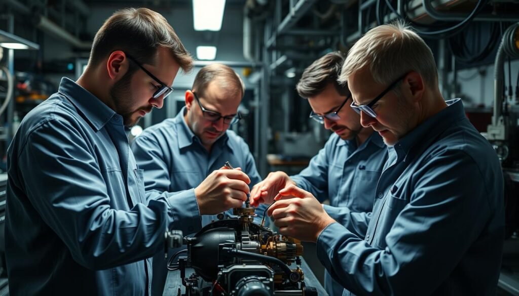 A professional team of highly specialized key technicians, expertly crafting and maintaining complex systems. In a well-lit workshop, they meticulously examine intricate mechanisms, collaborating to troubleshoot and optimize performance. Innovative tools and diagnostic equipment surround them, as they share knowledge and insights, ensuring flawless functionality. A sense of focus and dedication permeates the air, their hands moving with precision, guided by years of specialized training. The atmosphere is one of problem-solving, innovation, and a commitment to delivering exceptional results.