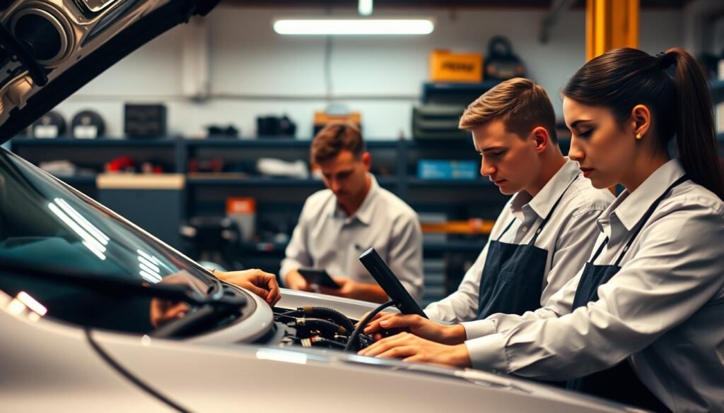 A professional team of skilled automotive technicians, their uniforms neatly pressed, working diligently under the warm, diffused lighting of a well-equipped garage. The foreground showcases their hands expertly handling advanced diagnostic tools, while in the middle ground, the silhouettes of their focused expressions are visible as they inspect a car's intricate mechanisms. The background reveals the organized chaos of the workshop, shelves stocked with specialized parts and equipment, creating an atmosphere of expertise and efficiency.