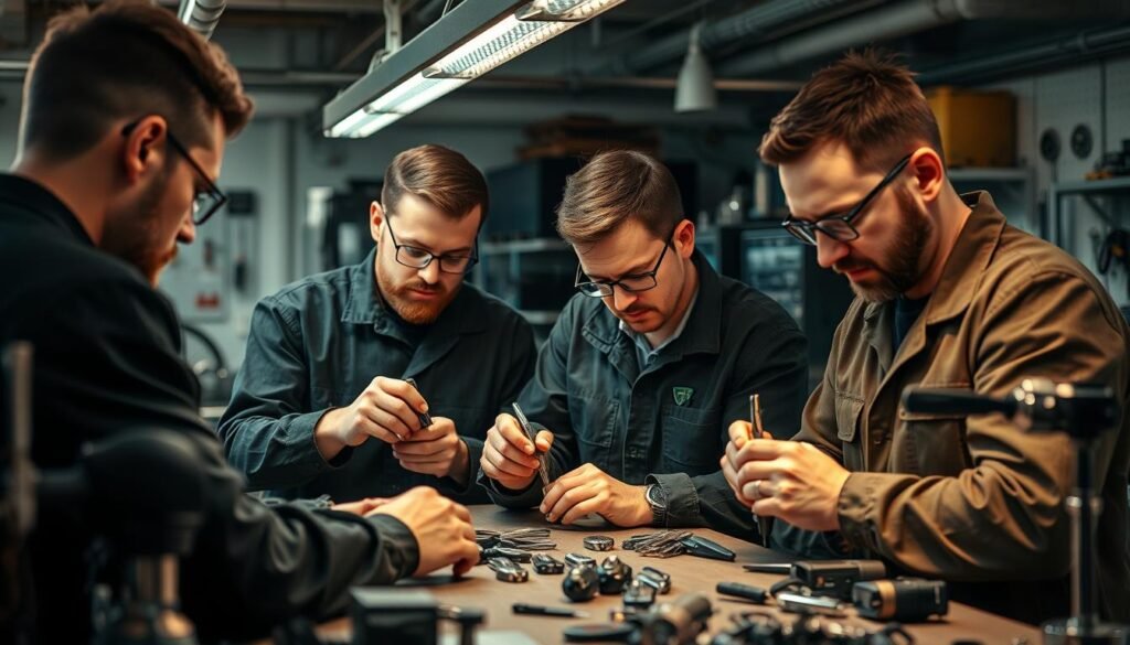 A professional team of skilled locksmiths working diligently in a well-equipped workshop, surrounded by an array of specialized tools and machinery. Warm lighting illuminates their focused expressions as they meticulously craft and duplicate car keys, ensuring the highest standards of quality and efficiency. The workshop's organized layout and clean, modern aesthetic convey a sense of expertise and reliability, reflecting the team's commitment to providing exceptional service to their clients.