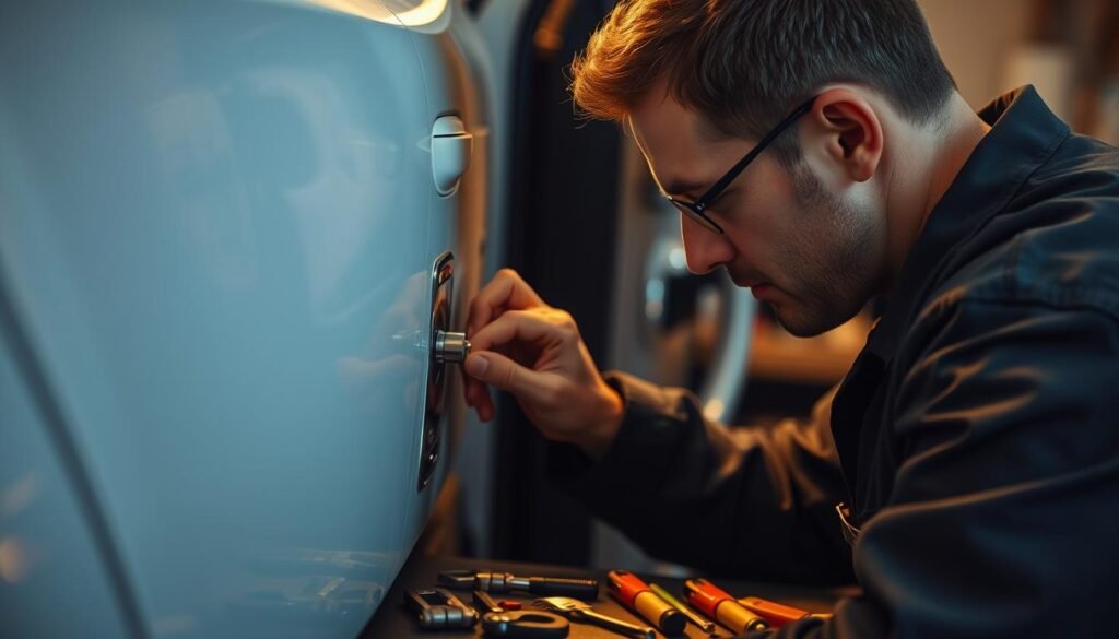 A professional technician carefully examining the locked car door, assessing the situation with a focused gaze. The scene is illuminated by soft, warm lighting, casting subtle shadows that accentuate the intricate mechanisms of the lock. In the background, a well-organized set of specialized tools lies ready, reflecting the technician's expertise and preparedness. The atmosphere conveys a sense of efficiency and attention to detail, ensuring the task is completed swiftly and securely, without any damage to the vehicle.