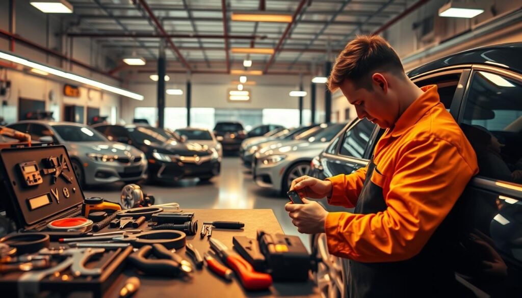 A professional, well-equipped automotive locksmith service center, bathed in warm, ambient lighting. The foreground showcases a variety of specialized tools and a skilled technician meticulously working on unlocking a car door. In the middle ground, a range of vehicles representing different makes and models, reflecting the comprehensive nature of the services offered. The background features a clean, modern workshop interior with organized workstations, conveying efficiency and expertise. The overall atmosphere exudes a sense of precision, reliability, and customer-centric care, perfectly capturing the A professional, well-equipped automotive locksmith service center, bathed in warm, ambient lighting. The foreground showcases a variety of specialized tools and a skilled technician meticulously working on unlocking a car door. In the middle ground, a range of vehicles representing different makes and models, reflecting the comprehensive nature of the services offered. The background features a clean, modern workshop interior with organized workstations, conveying efficiency and expertise. The overall atmosphere exudes a sense of precision, reliability, and customer-centric care, perfectly capturing the