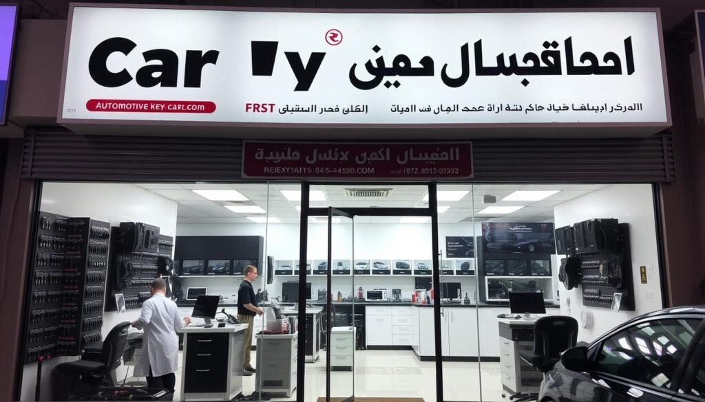 A professional, well-equipped car key service shop in Nuaymiyah, Ajman. The storefront has a clean, modern design with large display windows showcasing an array of automotive keys and programming tools. Skilled technicians are visible through the glass, meticulously working on a variety of car models. The interior is bright and organized, conveying a sense of efficiency and expertise. Outside, the storefront is adorned with a prominent sign in Arabic script that clearly identifies the business. The overall atmosphere exudes a combination of technical competence and customer-centric service, making it an inviting destination for those in need of professional car key solutions. A professional, well-equipped car key service shop in Nuaymiyah, Ajman. The storefront has a clean, modern design with large display windows showcasing an array of automotive keys and programming tools. Skilled technicians are visible through the glass, meticulously working on a variety of car models. The interior is bright and organized, conveying a sense of efficiency and expertise. Outside, the storefront is adorned with a prominent sign in Arabic script that clearly identifies the business. The overall atmosphere exudes a combination of technical competence and customer-centric service, making it an inviting destination for those in need of professional car key solutions.