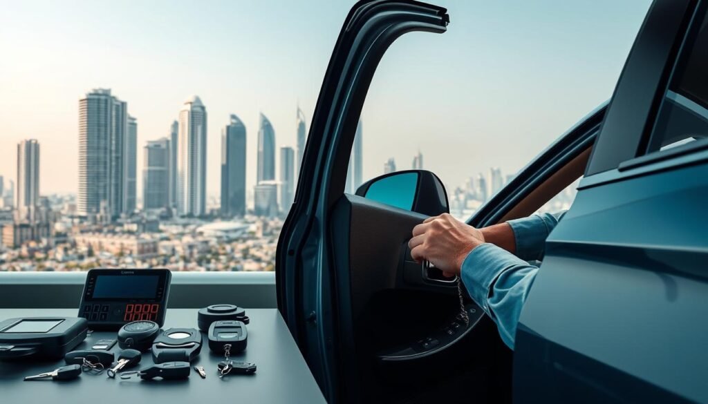 A professional, well-lit image of a car locksmith service in Abu Dhabi, UAE. The foreground shows an expert technician using specialized tools to skillfully unlock a vehicle door, with a focus on the intricate process. The middle ground features a range of locksmith equipment, including key duplicators and diagnostic devices. In the background, a modern cityscape of Abu Dhabi skyline with high-rise buildings. The overall scene conveys a sense of efficiency, expertise, and the reliability of the car opening services offered in the city. A professional, well-lit image of a car locksmith service in Abu Dhabi, UAE. The foreground shows an expert technician using specialized tools to skillfully unlock a vehicle door, with a focus on the intricate process. The middle ground features a range of locksmith equipment, including key duplicators and diagnostic devices. In the background, a modern cityscape of Abu Dhabi skyline with high-rise buildings. The overall scene conveys a sense of efficiency, expertise, and the reliability of the car opening services offered in the city.