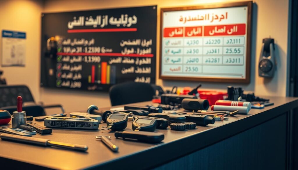 A professional, well-lit photograph of a car locksmith's service desk in Abu Dhabi, UAE. The desk is neatly organized with various tools and equipment used for unlocking car doors, including slim jim tools, lock picks, and key programming devices. In the background, a large display board showcases the current pricing for car unlock services, presented in Arabic script. The lighting is warm and inviting, creating a sense of expertise and reliability. The overall composition emphasizes the professionalism and attention to detail of the car unlock service offered in Abu Dhabi. A professional, well-lit photograph of a car locksmith's service desk in Abu Dhabi, UAE. The desk is neatly organized with various tools and equipment used for unlocking car doors, including slim jim tools, lock picks, and key programming devices. In the background, a large display board showcases the current pricing for car unlock services, presented in Arabic script. The lighting is warm and inviting, creating a sense of expertise and reliability. The overall composition emphasizes the professionalism and attention to detail of the car unlock service offered in Abu Dhabi.