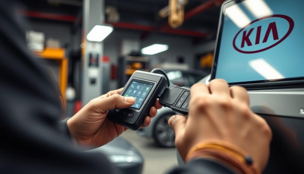 A secure car key programming scene, featuring a close-up of a skilled technician's hands carefully connecting a diagnostic tool to a Kia vehicle's electronic system. The foreground is illuminated by the soft glow of a computer screen, while the background depicts a modern, well-equipped workshop, complete with various tools and equipment. The overall atmosphere conveys a sense of precision, professionalism, and the importance of safeguarding the integrity of the vehicle's electronic systems during the key programming process.