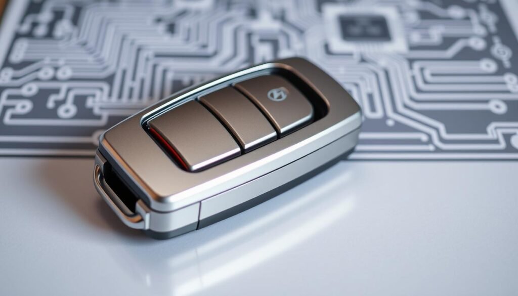 A sleek and modern car key remote, its silver body reflecting the light with precision. The buttons, arranged in a symmetrical layout, stand out against the smooth surface, inviting the user to interact. The remote's shell has a subtle texture, hinting at its durable construction. In the background, a blurred technical schematic or circuit diagram provides context, alluding to the complex programming and engineering behind this essential automotive accessory. The overall scene conveys a sense of sophistication and attention to detail, befitting the specialized task of cloning a Hyundai Santafe remote key.