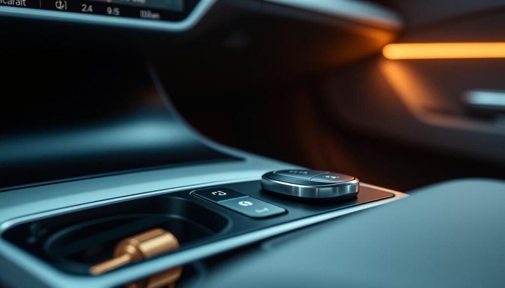 A sleek and modern vehicle interior, featuring a center console with a prominent digital display and touch-sensitive smart keys. The keys are composed of a smooth, metallic surface with subtle backlit icons, enabling seamless, intuitive control of the car's advanced features. The lighting is soft and ambient, creating a high-tech, premium atmosphere. The camera captures the keys in close-up, emphasizing their sophisticated design and integration into the vehicle's modern, minimalist aesthetic. The overall scene conveys a sense of technological sophistication and the effortless, connected driving experience offered by today's smart car keys.