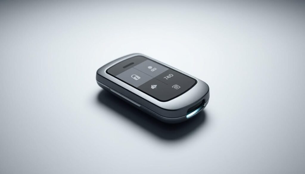 A sleek, futuristic car key with a seamless, minimalist design, featuring advanced touchpad controls, a high-resolution OLED display, and integrated biometric authentication for enhanced security and convenience. The key is rendered in a muted, metallic color palette, with subtle ambient lighting that accentuates the modern, high-tech aesthetic. The scene is captured in a clean, well-lit environment, allowing the key's intricate details and premium finish to be showcased in sharp focus. The overall composition conveys a sense of sophistication and innovation, reflecting the cutting-edge nature of the latest car key technologies.