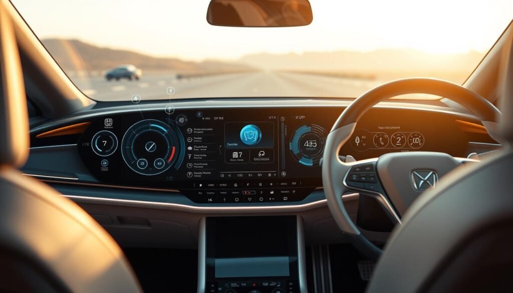 A sleek, futuristic dashboard display showcasing advanced user controls and customization options. Holographic interfaces dance across the screen, allowing the driver to effortlessly navigate settings and preferences. Soft, ambient lighting bathes the cabin in a warm, inviting glow, creating a seamless, high-tech driving experience. The center console features intuitive touchpad controls, while steering wheel-mounted buttons provide quick access to key functions. Elegant, minimalist design elements complement the vehicle's modern aesthetic, blending form and function to deliver a premium, user-centric driving experience. A sleek, futuristic dashboard display showcasing advanced user controls and customization options. Holographic interfaces dance across the screen, allowing the driver to effortlessly navigate settings and preferences. Soft, ambient lighting bathes the cabin in a warm, inviting glow, creating a seamless, high-tech driving experience. The center console features intuitive touchpad controls, while steering wheel-mounted buttons provide quick access to key functions. Elegant, minimalist design elements complement the vehicle's modern aesthetic, blending form and function to deliver a premium, user-centric driving experience.