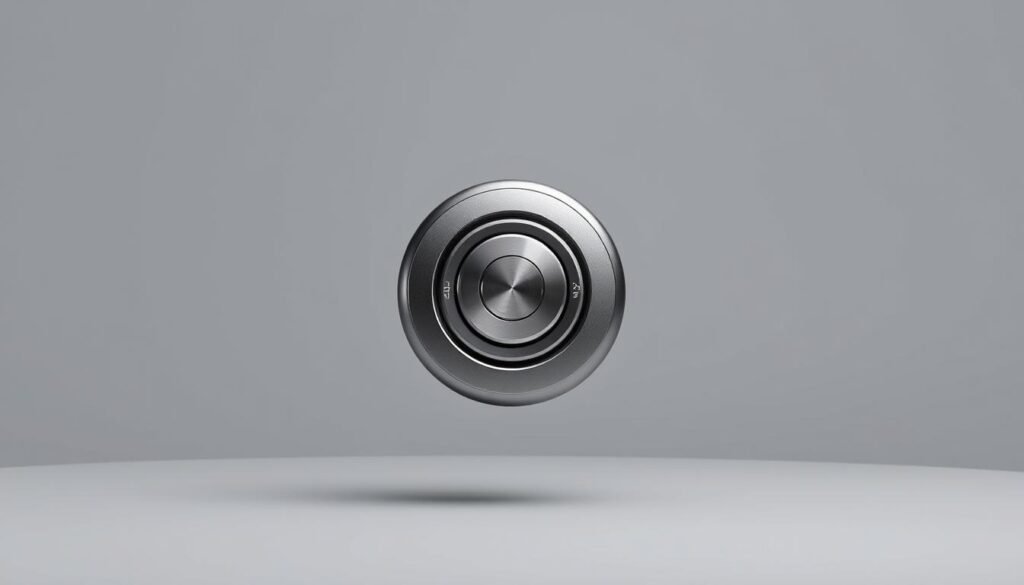 A sleek, metallic remote control hovers against a minimalist, grey background. The device features a clean, symmetrical design with a prominent circular button in the center, surrounded by a few additional controls. The remote radiates a sense of precision and technological sophistication, evoking the high-end automotive experience. Subtle highlights and shadows emphasize the remote's contours, giving it a sense of depth and three-dimensionality. The overall composition is balanced and visually striking, capturing the essence of the 433 MHz frequency and its role in seamlessly connecting vehicle and user.