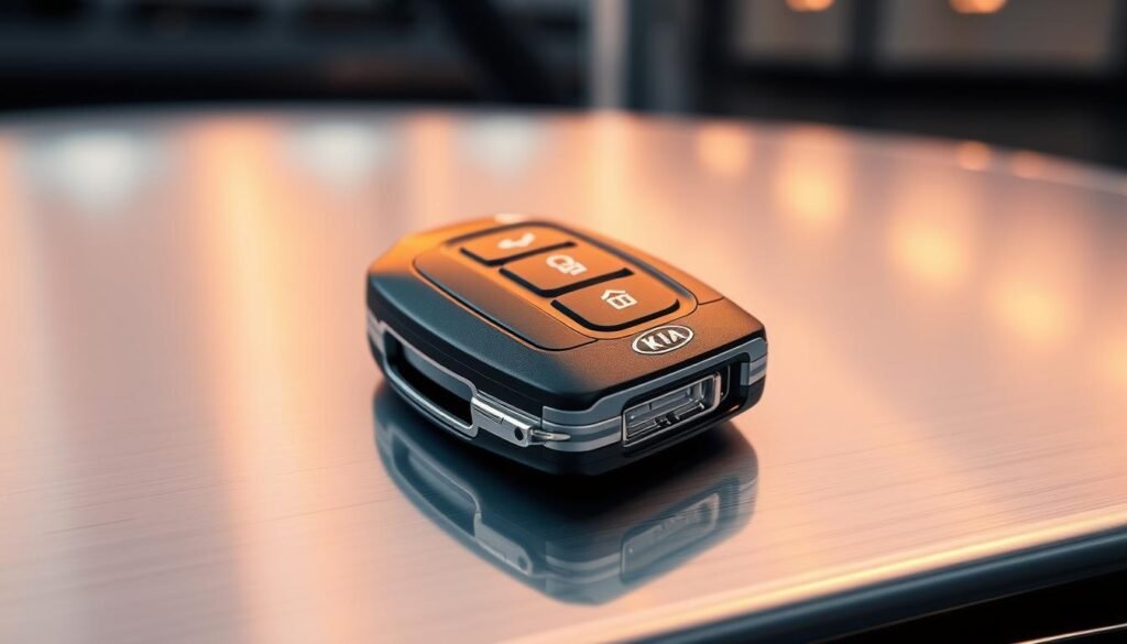 A sleek, modern car key rests on a metallic surface, its intricate electronic components visible. The key's surface reflects the warm glow of overhead lighting, creating a sense of sophistication and technological advancement. In the background, a minimalist, high-tech environment with clean lines and subtle textures suggests the importance of car key programming in the digital age. The image conveys the pivotal role of car key programming in maintaining the security and functionality of modern vehicles, a crucial service for Kia owners in Dubai.