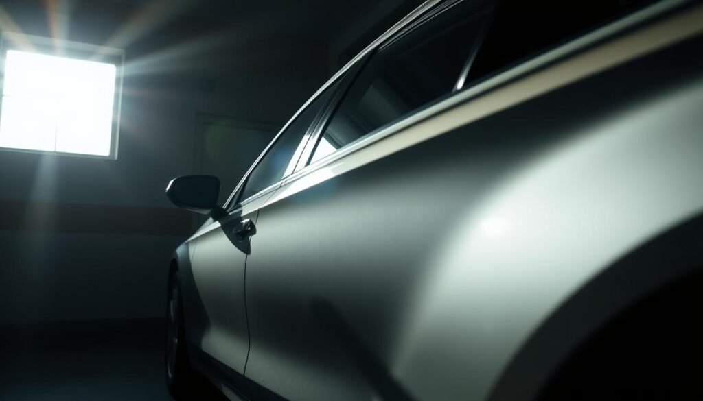 A sleek, modern car parked in a dimly lit garage, the driver's door slightly ajar. Sunlight filters through the opening, casting soft shadows across the vehicle's glossy exterior. The scene conveys a sense of emergency, with the car's owner attempting to gain entry without a key. The camera angle is low, capturing the car's profile and emphasizing the unusual access. The atmosphere is tense yet intriguing, inviting the viewer to imagine the circumstances that led to this situation.