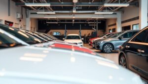 A sleek, modern car service center nestled in the heart of Mishref. The foreground features a row of various car models, their exteriors gleaming under warm, directional lighting. The middle ground showcases the service area, with mechanics hard at work, surrounded by state-of-the-art tools and equipment. In the background, a clean, minimalist showroom displays a selection of the latest car models, inviting prospective customers. The overall mood is one of efficiency, professionalism, and competitive pricing, reflecting the "Competitive Prices and Details" section of the article.