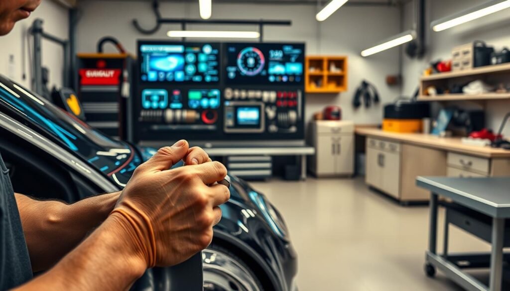 A sleek, modern workshop with gleaming tools and high-tech equipment. The foreground showcases the skilled hands of a technician meticulously working on a car lock, their movements precise and efficient. In the middle ground, a display showcases the latest locksmithing technologies, their digital interfaces and screens casting a soft, ambient glow. The background depicts the workshop's clean, organized workspace, with workbenches, shelves, and cabinets neatly arranged, conveying a sense of professionalism and attention to detail. The overall atmosphere is one of speed, accuracy, and expertise, perfectly capturing the essence of "السرعة والدقة في تقديم الخدمة."