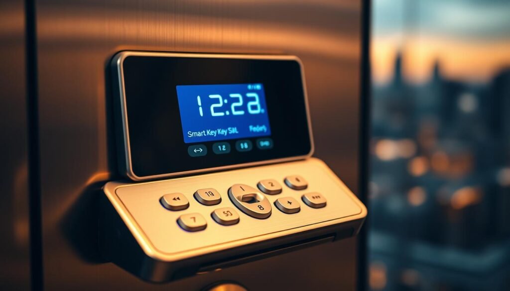 A sophisticated digital keypad with sleek metallic buttons and a high-resolution display. The keypad is illuminated by soft, warm lighting, creating a modern and inviting atmosphere. The background features a blurred, yet futuristic cityscape, hinting at the advanced technology powering this smart key system. The composition emphasizes the keypad's central role, with a shallow depth of field that draws the viewer's attention to the intricate details and precise engineering. The overall tone is one of precision, innovation, and the seamless integration of technology into everyday life. A sophisticated digital keypad with sleek metallic buttons and a high-resolution display. The keypad is illuminated by soft, warm lighting, creating a modern and inviting atmosphere. The background features a blurred, yet futuristic cityscape, hinting at the advanced technology powering this smart key system. The composition emphasizes the keypad's central role, with a shallow depth of field that draws the viewer's attention to the intricate details and precise engineering. The overall tone is one of precision, innovation, and the seamless integration of technology into everyday life.