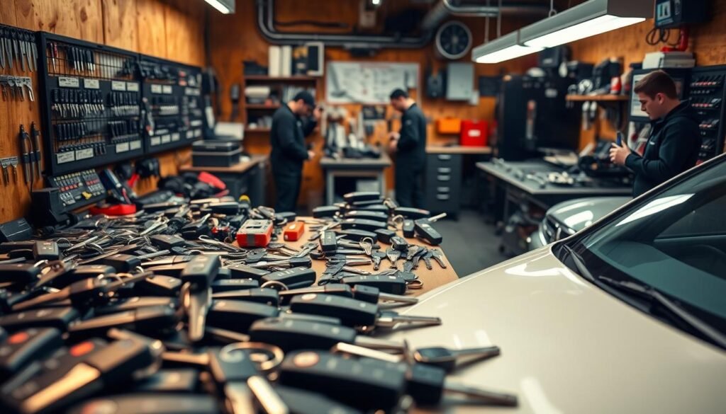 A specialized auto locksmith workshop, showcasing an array of car keys and tools against a warm, rustic backdrop. Neatly organized key blanks, cutting machines, and a team of skilled technicians demonstrate the intricate process of key duplication and programming. Soft lighting illuminates the workspace, creating an atmosphere of precision and expertise. The foreground features an assortment of car models, representing the comprehensive services offered, while the middle ground highlights the specialized equipment used to provide high-quality, personalized solutions for the local community. The background suggests a well-equipped, modern facility dedicated to delivering exceptional automotive locksmith services.