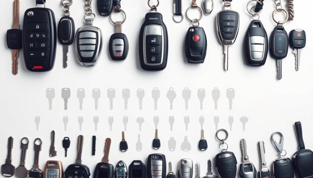 A striking collection of various car key types, showcased against a clean, minimalist background. The foreground features an array of modern car keys, including keyless fobs, transponder keys, and traditional mechanical keys, all rendered in vivid detail with precise metallic textures and intricate designs. The middle ground presents a range of key silhouettes, emphasizing the unique shapes and sizes of different automotive key models. The background is a soft, neutral tone, allowing the keys to take center stage and highlighting their functional and aesthetic qualities. The overall composition conveys a sense of organization, simplicity, and the evolution of car key technology.