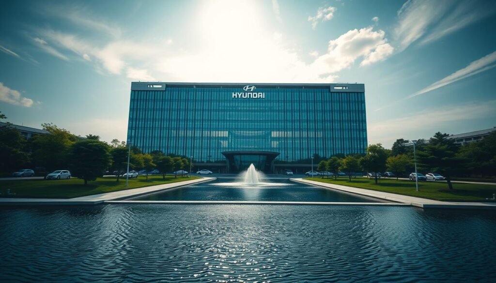 A striking high-resolution image of the Hyundai global headquarters, showcasing its iconic modern architecture with clean lines and a sleek glass facade that reflects the sky. The building stands tall and proud, surrounded by lush greenery and a serene water feature. The scene conveys a sense of Hyundai's longstanding heritage, technological prowess, and commitment to innovation. Dramatic lighting casts dramatic shadows, lending an air of prestige and authority. The camera angle is slightly elevated, giving a majestic, authoritative perspective on the company's global presence and influence.