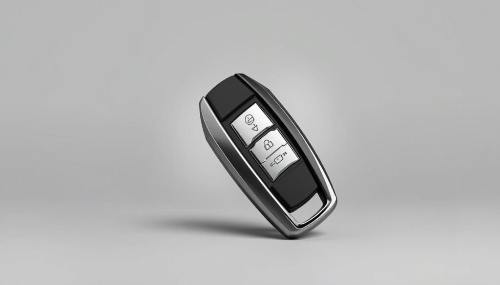 A stylish and modern smartkey for a luxury vehicle, photographed against a minimalist background. The smartkey is made of sleek metallic silver and black materials, with a modern, angular design. The key is surrounded by a halo of soft, diffused lighting, creating a premium, high-end aesthetic. The background is a simple, muted gray or beige, allowing the smartkey to be the central focus of the image. The overall composition is clean, balanced, and visually appealing, showcasing the key's design and quality in a way that would be suitable for an article about purchasing the right smart key. A stylish and modern smartkey for a luxury vehicle, photographed against a minimalist background. The smartkey is made of sleek metallic silver and black materials, with a modern, angular design. The key is surrounded by a halo of soft, diffused lighting, creating a premium, high-end aesthetic. The background is a simple, muted gray or beige, allowing the smartkey to be the central focus of the image. The overall composition is clean, balanced, and visually appealing, showcasing the key's design and quality in a way that would be suitable for an article about purchasing the right smart key.