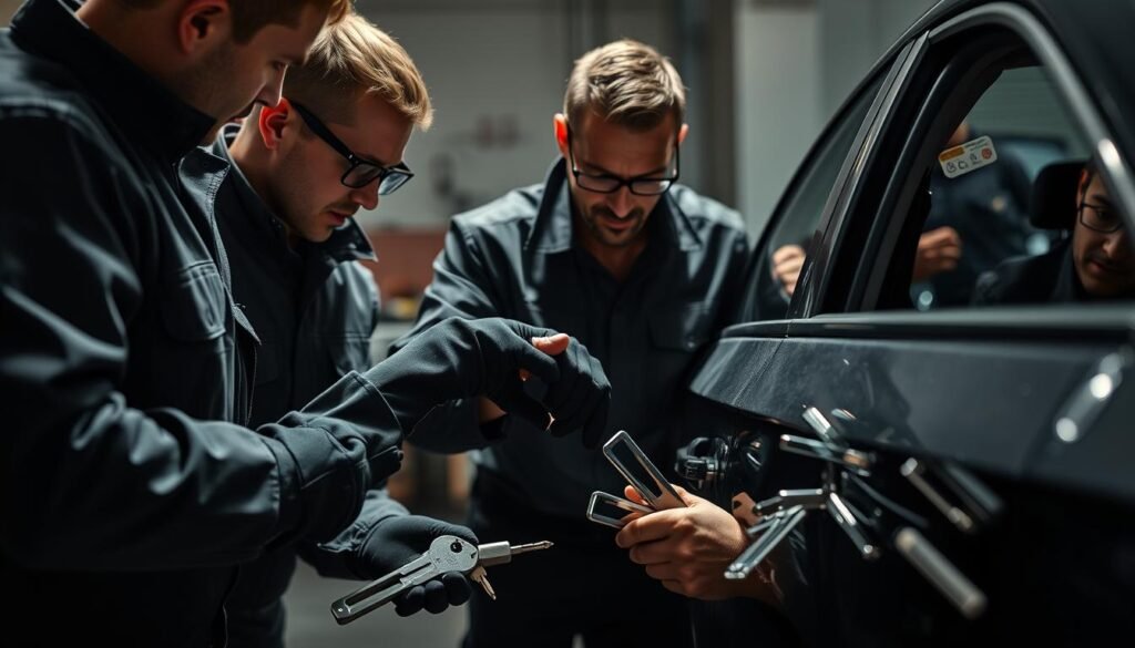A team of highly skilled and experienced professional locksmiths, meticulously dressed in their uniforms, are captured in a dynamic scene as they expertly handle an array of specialized tools to open a car door without a key. The image showcases their deft precision, intense focus, and deep technical knowledge, radiating an aura of unwavering professionalism. The lighting casts dramatic shadows, accentuating the intensity of their work, while the carefully curated angles and composition convey a sense of authority and competence. The overall atmosphere exudes a blend of technical expertise and a steadfast commitment to providing seamless and secure solutions for the task at hand. A team of highly skilled and experienced professional locksmiths, meticulously dressed in their uniforms, are captured in a dynamic scene as they expertly handle an array of specialized tools to open a car door without a key. The image showcases their deft precision, intense focus, and deep technical knowledge, radiating an aura of unwavering professionalism. The lighting casts dramatic shadows, accentuating the intensity of their work, while the carefully curated angles and composition convey a sense of authority and competence. The overall atmosphere exudes a blend of technical expertise and a steadfast commitment to providing seamless and secure solutions for the task at hand.