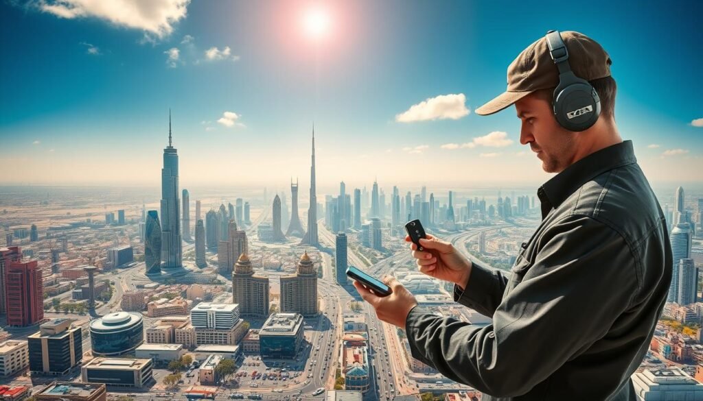 A vibrant cityscape depicting the widespread availability of automotive locksmith services across the diverse regions of the United Arab Emirates. In the foreground, a professional locksmith expertly programs a replacement key for a Kia vehicle, surrounded by an array of state-of-the-art diagnostic tools and equipment. The middle ground showcases various landmarks and architectural styles, representative of the Emirates' cultural and economic hubs. In the background, a panoramic vista of skyscrapers, bustling streets, and a sun-dappled skyline, conveying the comprehensive coverage of these specialized automotive services throughout the country. The scene is illuminated by warm, natural lighting, creating a sense of efficiency, reliability, and accessibility that embodies the essence of the localized Kia key programming service.