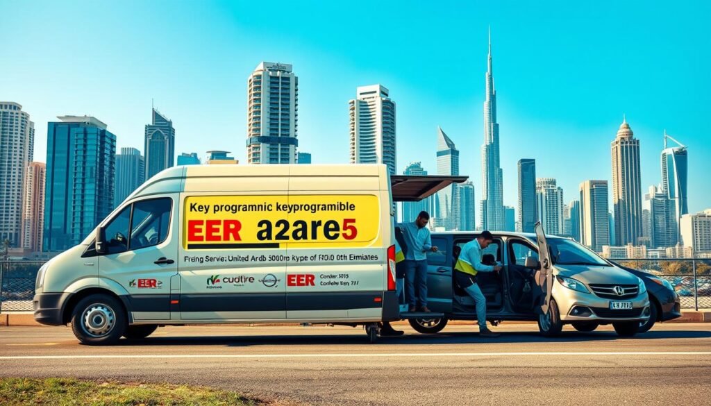 A vibrant, photorealistic image of a mobile service van providing key programming for various car models in the United Arab Emirates. The van is prominently displayed in the foreground, showcasing its branding and the service offerings. The middle ground depicts the van's technicians actively working on a client's vehicle, using specialized tools and equipment. The background features a diverse cityscape of modern high-rise buildings, with a clear blue sky overhead, conveying a sense of the van's widespread coverage and accessibility across the Emirates. The scene is bathed in warm, natural lighting, creating a professional and trustworthy atmosphere. A vibrant, photorealistic image of a mobile service van providing key programming for various car models in the United Arab Emirates. The van is prominently displayed in the foreground, showcasing its branding and the service offerings. The middle ground depicts the van's technicians actively working on a client's vehicle, using specialized tools and equipment. The background features a diverse cityscape of modern high-rise buildings, with a clear blue sky overhead, conveying a sense of the van's widespread coverage and accessibility across the Emirates. The scene is bathed in warm, natural lighting, creating a professional and trustworthy atmosphere.