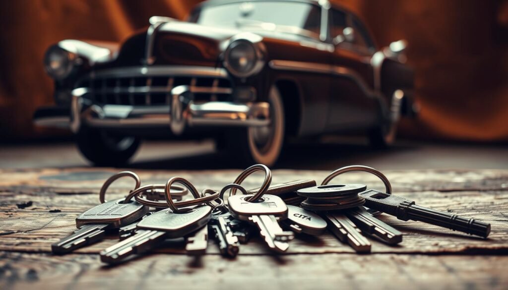 A vintage-inspired image depicting the early history of car keys. In the foreground, a collection of antique car keys in various shapes and sizes, some with intricate designs, resting on a weathered wooden surface. In the middle ground, a classic 1950s sedan with a chrome key inserted into the ignition, casting soft, warm lighting across the scene. In the background, a backdrop of aged leather or canvas, evoking a sense of nostalgia and the evolving technology of automotive security over time. The overall mood is one of timeless elegance and the steady progression of car key design and function.