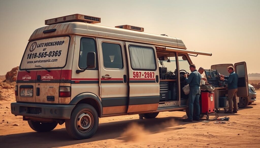 A weathered, mobile service workshop set against a dusty, sun-drenched backdrop. The vehicle, a sturdy van, is prominently positioned, its side panels adorned with the company's logo and contact information. In the foreground, a team of skilled technicians work diligently, their hands and tools at the ready to address any automotive issues that may arise. The workshop's compact yet efficient layout is accentuated by the strategic placement of essential equipment and spare parts, ensuring a seamless and convenient service experience for customers. The scene conveys a sense of reliability, accessibility, and a commitment to delivering quality automotive repairs on-the-go.
