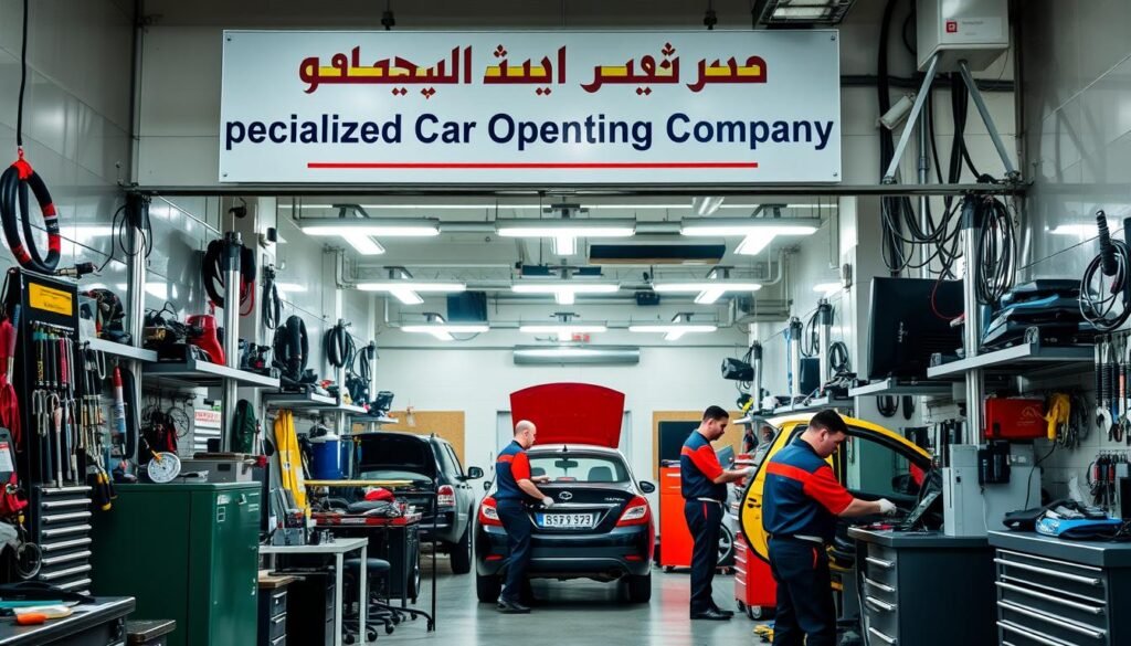 A well-equipped automotive locksmith workshop, featuring a signage in Arabic text that reads "Specialized Car Opening Company". The interior is brightly lit, showcasing a range of tools and equipment neatly arranged. Mechanics in uniform work diligently, demonstrating their expertise in efficiently assisting customers with car-related services. The atmosphere conveys a sense of professionalism and reliability, perfectly suited to illustrate the "About Our Company and Experience" section of the article. A well-equipped automotive locksmith workshop, featuring a signage in Arabic text that reads "Specialized Car Opening Company". The interior is brightly lit, showcasing a range of tools and equipment neatly arranged. Mechanics in uniform work diligently, demonstrating their expertise in efficiently assisting customers with car-related services. The atmosphere conveys a sense of professionalism and reliability, perfectly suited to illustrate the "About Our Company and Experience" section of the article.