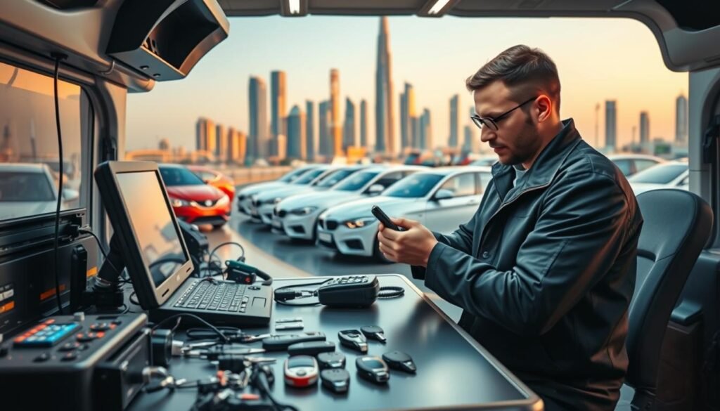 A well-equipped mobile workshop providing professional car key programming services. In the foreground, a technician diligently programs a transponder key using specialized equipment, surrounded by an array of diagnostic tools and spare keys. The middle ground showcases a range of modern vehicle models, highlighting the service's versatility. The background features a cityscape of Dubai's iconic skyscrapers, conveying the service's availability in a thriving urban setting. Warm lighting and a sleek, contemporary aesthetic create an atmosphere of efficiency and expertise. The overall composition emphasizes the convenience and professionalism of the mobile key programming service.