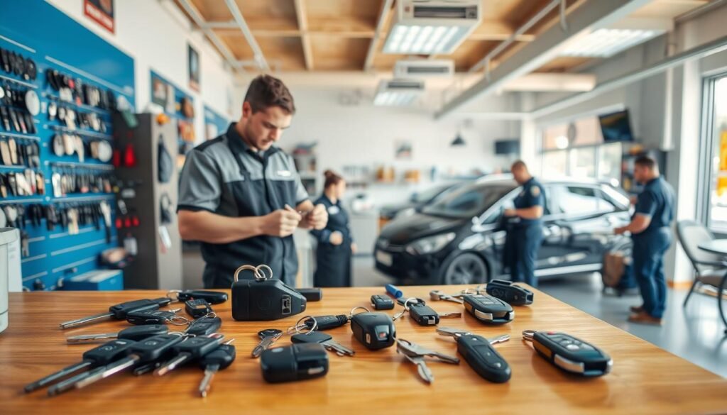 A well-lit and organized car key service shop, showcasing a variety of car keys, key fobs, and tools on a clean, wooden workbench. In the background, a technician in a uniform is attentively working on a car's ignition system, while other staff members assist customers. The overall atmosphere conveys a sense of professionalism, efficiency, and dedication to providing reliable car key services.