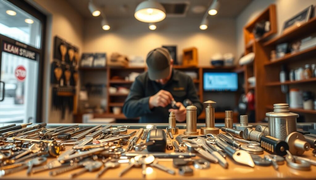 A well-lit and professional-looking interior of a locksmith's shop, showcasing the trustworthiness and expertise of the services offered. The foreground features a display of an assortment of high-quality keys, locks, and tools, meticulously organized and presented to convey a sense of reliability and attention to detail. The middle ground depicts a locksmith at work, their hands skillfully maneuvering the tools, exuding an air of competence and care. The background captures the warm, inviting ambiance of the shop, with subtle lighting and clean, modern design elements that evoke a feeling of security and trust. The overall composition conveys the professionalism, reliability, and customer-centric approach that have earned the locksmith's shop the trust and confidence of its clientele.