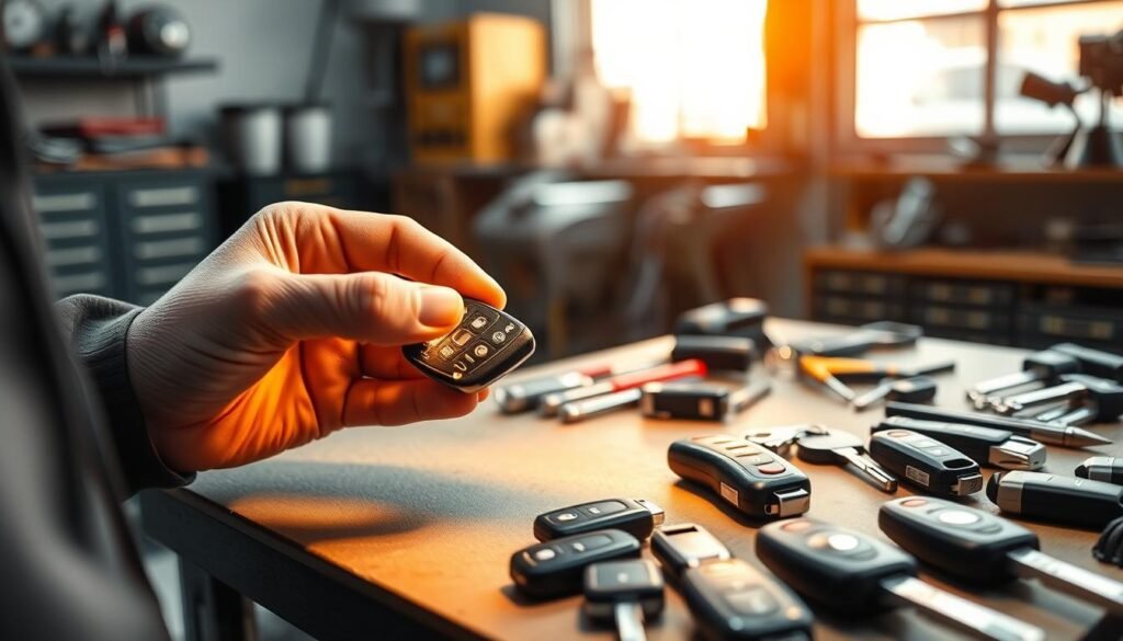A well-lit automotive workshop interior with a focus on a programmer's hands delicately working on a car key's electronic components. The key is illuminated, revealing its intricate circuitry. In the background, a selection of car keys and various programming tools are neatly organized on a workbench. Warm lighting creates a sense of precision and expertise, while the overall composition conveys the technical nature of car key programming services.