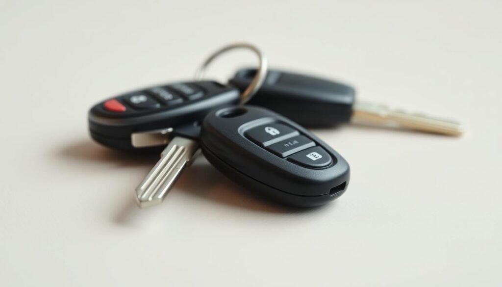 A well-lit, close-up scene depicting a set of car keys on a plain, light-colored surface. The keys should appear shiny and meticulously polished, conveying a sense of quality and attention to detail. The background should be slightly blurred, with a subtle gradient or soft texture to create a clean, professional look. The lighting should be soft and diffused, highlighting the reflective surfaces of the keys and creating a warm, inviting atmosphere. The overall composition should emphasize the keys as the central focus, suggesting a sense of trust, reliability, and competitive pricing for automotive locksmith services.
