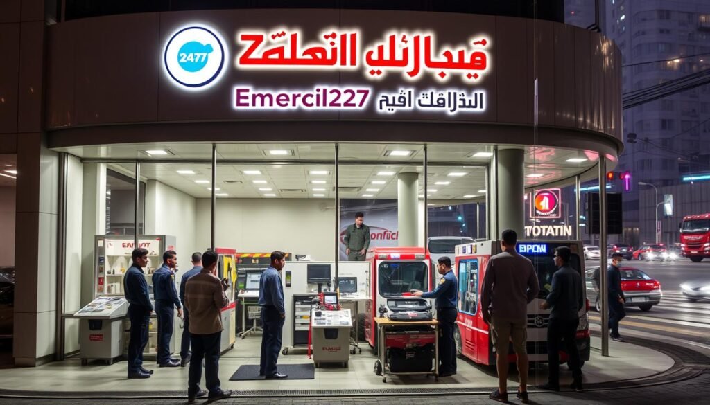 A well-lit emergency service station operating 24/7, with a prominent sign in Arabic script reading "خدمة الطوارئ على مدار الساعة". The building has a modern, sleek design with large windows, allowing natural light to flood the interior. In the foreground, a team of professional, uniformed technicians attentively assisting customers, creating an atmosphere of efficiency and reliability. The middle ground features a display of the latest emergency equipment, conveying the station's state-of-the-art capabilities. The background showcases a bustling cityscape, suggesting the service's accessibility and widespread presence. Subtle yet impactful lighting and a warm color palette evoke a sense of trustworthiness and 24/7 dedication to the customer's needs.