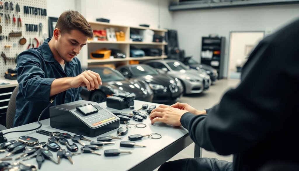 A well-lit, high-angle photograph of a professional car key duplicator workstation. In the foreground, a skilled technician deftly manipulates a sophisticated key-cutting machine, surrounded by an array of replacement car keys and key fobs. The middle ground showcases a collection of various car makes and models, each with its unique key design. The background features a clean, organized workshop environment with shelves of tools and supplies, conveying a sense of expertise and attention to detail. The overall scene evokes a modern, efficient, and reliable car key service, catering to the needs of vehicle owners. A well-lit, high-angle photograph of a professional car key duplicator workstation. In the foreground, a skilled technician deftly manipulates a sophisticated key-cutting machine, surrounded by an array of replacement car keys and key fobs. The middle ground showcases a collection of various car makes and models, each with its unique key design. The background features a clean, organized workshop environment with shelves of tools and supplies, conveying a sense of expertise and attention to detail. The overall scene evokes a modern, efficient, and reliable car key service, catering to the needs of vehicle owners.