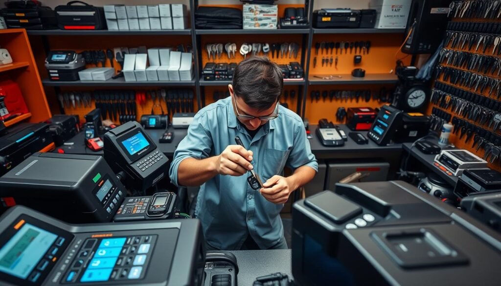 A well-lit, high-angle shot of a modern automotive locksmith's workshop. In the foreground, a collection of state-of-the-art key duplication machines, their sleek designs and digital interfaces conveying advanced capabilities. In the middle ground, a technician carefully examining a disassembled car key, using precision tools and a magnifying glass to inspect intricate mechanisms. In the background, shelves stocked with an array of key blanks, programming devices, and other specialized equipment, all bathed in a warm, professional lighting scheme. The overall scene radiates a sense of technological sophistication and expert craftsmanship applied to the art of automotive key making.