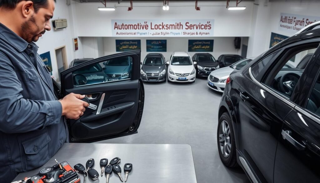A well-lit, high-angle shot of a professional automotive locksmith service center in Sharjah and Ajman. The foreground features a skilled technician using specialized tools to carefully open the door of a locked car, with a selection of car keys and lockpicking equipment visible on a workbench. The middle ground showcases a fleet of various makes and models of vehicles, each requiring the locksmith's expertise. The background depicts the clean, modern facility with signage advertising "Automotive Locksmith Services" in both Arabic and English. The scene conveys a sense of efficiency, reliability, and customer-centric service. A well-lit, high-angle shot of a professional automotive locksmith service center in Sharjah and Ajman. The foreground features a skilled technician using specialized tools to carefully open the door of a locked car, with a selection of car keys and lockpicking equipment visible on a workbench. The middle ground showcases a fleet of various makes and models of vehicles, each requiring the locksmith's expertise. The background depicts the clean, modern facility with signage advertising "Automotive Locksmith Services" in both Arabic and English. The scene conveys a sense of efficiency, reliability, and customer-centric service.