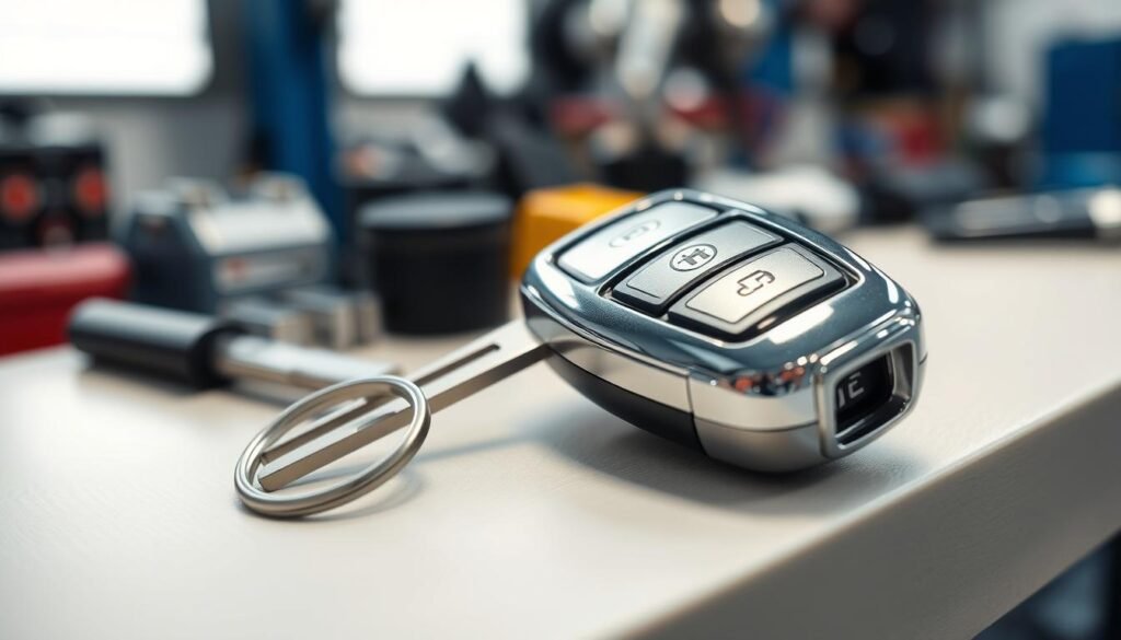 A well-lit, high-angle shot of an expertly crafted automotive key fob, showcasing its intricate mechanisms and sleek design. The fob's metallic body gleams under the soft, diffused lighting, highlighting the precision engineering and craftsmanship involved in its creation. In the background, a blurred automotive workshop setting, with tools and equipment hinting at the expert knowledge and experience required to service and repair such complex devices. The overall atmosphere conveys a sense of professionalism, attention to detail, and a dedication to providing reliable and trustworthy automotive key services.