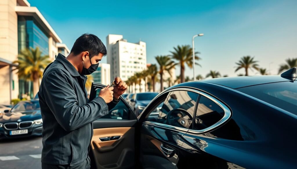 A well-lit, high-angle view of a modern city street in Abu Dhabi, with sleek, luxury vehicles prominently displayed. In the foreground, a skilled automotive locksmith expertly opens the door of a sedan using specialized tools, showcasing the precision and efficiency of their service. The background features a blend of contemporary architecture, palm trees, and a vibrant, sun-drenched atmosphere, conveying the professionalism and reliability of automotive locksmith services in Abu Dhabi. The scene should highlight the convenience, expertise, and customer-centric approach of these services, appealing to the needs of the article's target audience. A well-lit, high-angle view of a modern city street in Abu Dhabi, with sleek, luxury vehicles prominently displayed. In the foreground, a skilled automotive locksmith expertly opens the door of a sedan using specialized tools, showcasing the precision and efficiency of their service. The background features a blend of contemporary architecture, palm trees, and a vibrant, sun-drenched atmosphere, conveying the professionalism and reliability of automotive locksmith services in Abu Dhabi. The scene should highlight the convenience, expertise, and customer-centric approach of these services, appealing to the needs of the article's target audience.