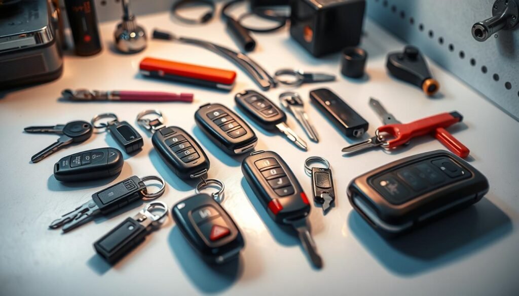 A well-lit, high-angle view of a professional automotive locksmith service, showcasing an array of car keys, key fobs, and specialized tools on a clean, organized workbench. The scene exudes an atmosphere of expertise and attention to detail, with a modern, minimalist design aesthetic. The lighting casts soft shadows, creating a sense of depth and highlighting the intricate mechanisms of the displayed items. The overall composition conveys a sense of efficiency, reliability, and dedication to providing top-notch car key services.