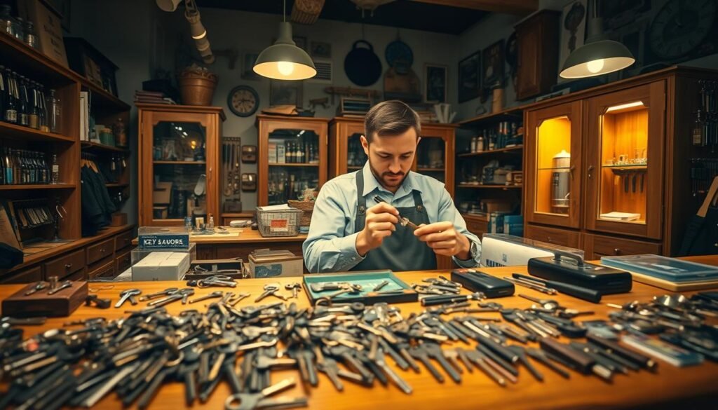 A well-lit, meticulously organized key shop with a rustic, vintage aesthetic. The foreground features a display of an assortment of keys, key blanks, and locksmith tools arranged neatly on a wooden counter. In the middle ground, an experienced locksmith in a crisp uniform is intently focused on duplicating a key, conveying expertise and attention to detail. The background showcases the shop's interior, with antique cabinets, shelves stocked with key-related accessories, and warm lighting that creates a cozy, inviting atmosphere. The overall scene evokes a sense of professionalism, reliability, and a commitment to providing excellent service to customers.