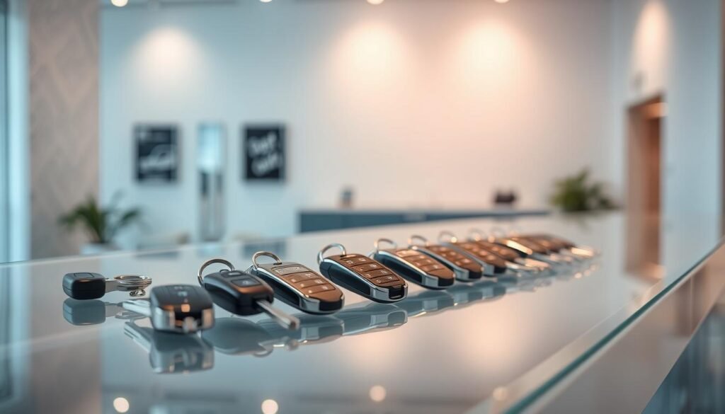 A well-lit showroom interior with a variety of car keys displayed on a sleek glass counter. The keys are arranged in an orderly fashion, highlighting their distinct designs and materials. The background features a clean, minimalist aesthetic with a subtle pattern on the walls, creating a sense of professionalism and attention to detail. Soft, diffused lighting casts a warm glow, emphasizing the quality and craftsmanship of the products. The overall scene conveys a sense of competitiveness, with the keys positioned to showcase their competitive pricing and exclusive offers.
