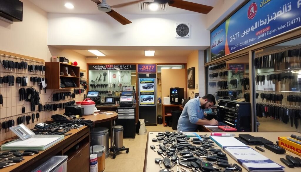A well-lit, spacious auto locksmith shop in the Rashidiya district, featuring a variety of car keys and a skilled technician working at a cluttered but organized workbench. The interior has a warm, inviting atmosphere with soft lighting, wooden fixtures, and tools neatly arranged. The shop's storefront is visible through large windows, showcasing an array of key duplicating machines and a welcoming, open-door policy. The overall scene conveys a sense of professionalism, expertise, and 24/7 availability to serve the community's car key needs.