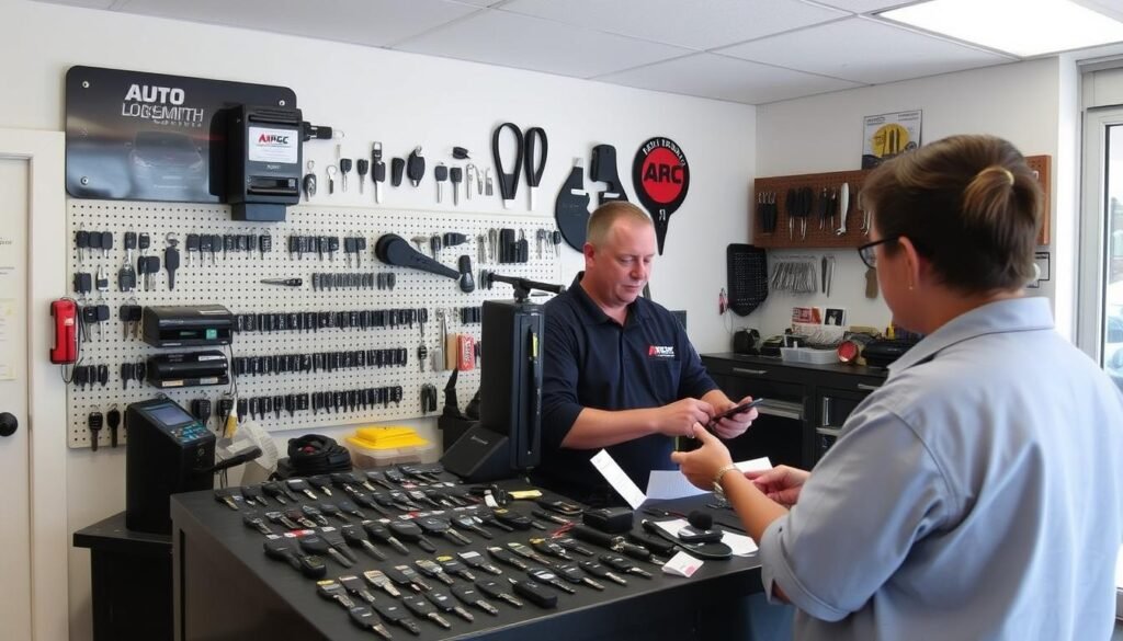 A well-lit, spacious auto locksmith workshop with a countertop display showcasing an array of car keys and key fobs. In the background, a wall-mounted key duplicating machine and a selection of specialized locksmithing tools. The foreground features a customer-friendly service desk with a knowledgeable technician assisting a car owner. The atmosphere conveys a sense of professionalism, reliability, and attention to detail, reflecting the competitive pricing and dependable services offered by this reputable automotive locksmith establishment.
