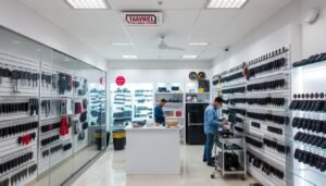 A well-lit, spacious automotive key shop in Dubai's Abu Hiel neighborhood. The storefront features a modern, minimalist design with large windows showcasing an array of car keys, remotes, and locksmith tools. The interior is bright and organized, with a central counter and shelves displaying an extensive selection of replacement keys for various makes and models. In the background, skilled locksmiths can be seen expertly duplicating and programming keys using advanced machinery. The atmosphere is professional and customer-focused, conveying the shop's expertise and commitment to providing reliable services. The image captures the essence of a specialized, reliable automotive key shop serving the local community.