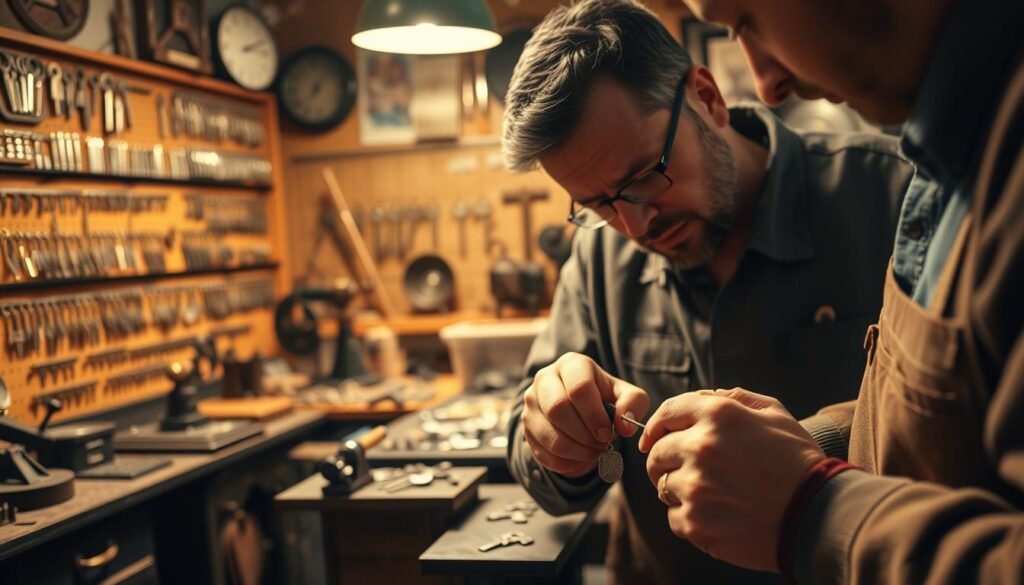 A well-lit workshop interior, showcasing the intricate process of key-making. In the foreground, a skilled artisan meticulously crafts a new key, their hands deftly maneuvering specialized tools. The middle ground features a display of various key blanks, organized neatly on shelves. In the background, a collection of antique key-cutting machines and vintage locksmithing equipment adds an air of authenticity and tradition. Warm, directional lighting casts a subtle glow, highlighting the precision and care taken in this craft. The overall atmosphere conveys a sense of professionalism, expertise, and the pride associated with the timeless art of key-making.