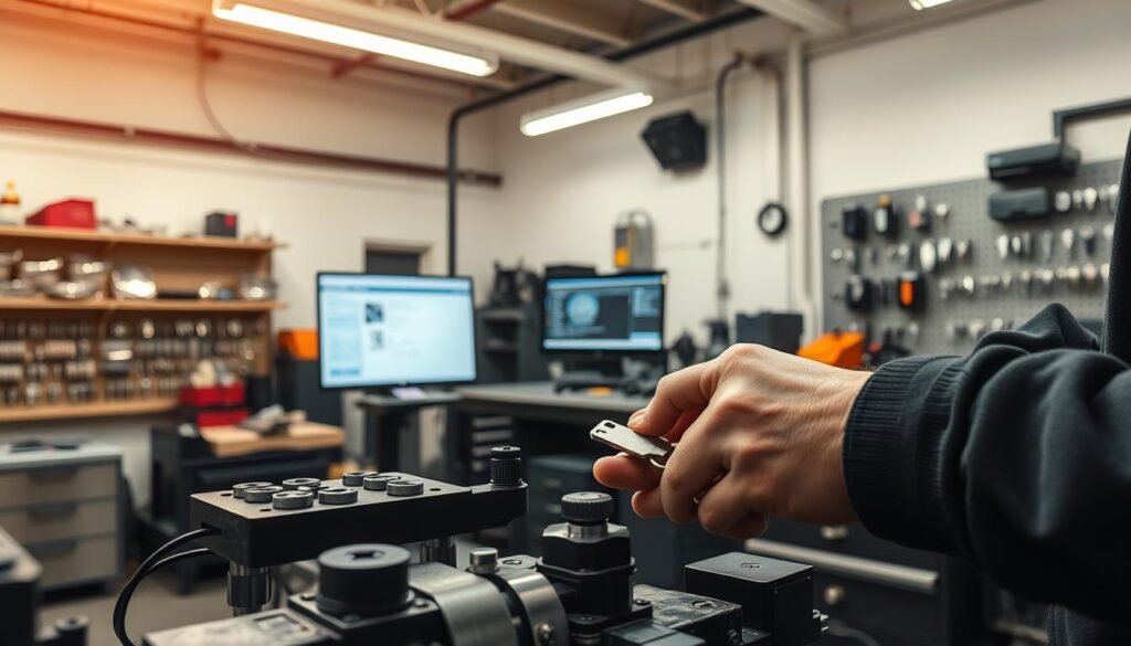 A well-lit workshop interior, with a skilled car key maker meticulously crafting a new key on a specialized cutting machine. The foreground features the key maker's hands deftly maneuvering the key blank, while the middle ground showcases an array of key molds, tools, and a computer monitor displaying key specifications. The background subtly suggests the industrial setting, with shelves of key blanks, a pegboard of duplicating machines, and a clean, organized workspace. Warm lighting from overhead fixtures casts a professional, focused atmosphere, emphasizing the precision and expertise required for this essential automotive service. A well-lit workshop interior, with a skilled car key maker meticulously crafting a new key on a specialized cutting machine. The foreground features the key maker's hands deftly maneuvering the key blank, while the middle ground showcases an array of key molds, tools, and a computer monitor displaying key specifications. The background subtly suggests the industrial setting, with shelves of key blanks, a pegboard of duplicating machines, and a clean, organized workspace. Warm lighting from overhead fixtures casts a professional, focused atmosphere, emphasizing the precision and expertise required for this essential automotive service.