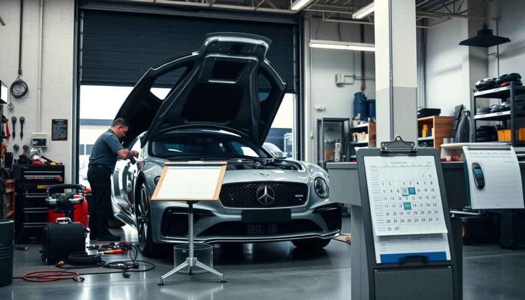 A well-lit workshop interior with an open garage door, showcasing a luxury car undergoing maintenance. In the foreground, a mechanic in a uniform is diligently working on the vehicle, surrounded by a variety of tools and equipment. The middle ground features a service counter with a calendar and clipboard, suggesting the expected time and cost for the service. The background depicts an orderly and organized workspace, with shelves of automotive parts and accessories. The overall atmosphere conveys a sense of professionalism, efficiency, and customer-centric service.