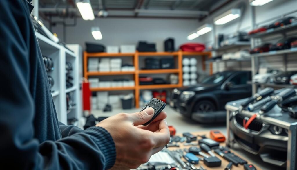 A well-lit workshop with a prominent display of car keys and a selection of car models. The foreground features a skilled technician working on a car key, showcasing their expertise. The middle ground shows various car keys, remote controls, and tools, conveying the wide range of services offered. In the background, shelves stocked with replacement parts and a clean, organized work area create an atmosphere of professionalism and attention to detail. The lighting is bright and natural, highlighting the intricate workmanship and the dedication of the technicians. The overall composition emphasizes the care and precision required for providing high-quality car locksmith services.